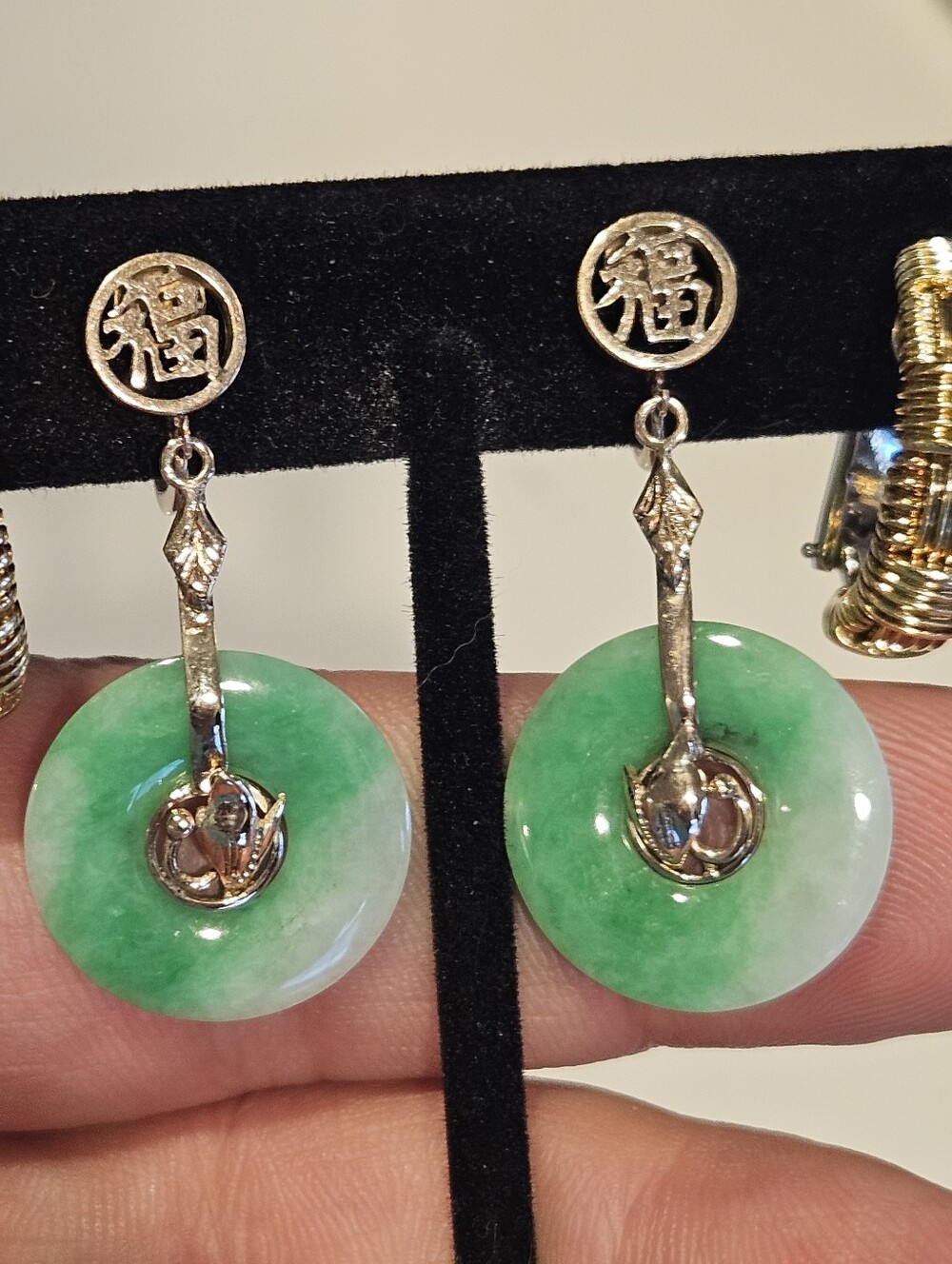 Luxury Vintage Green White Jadeite Bi Disk Drop Earrings Solid 14k Yellow Gold